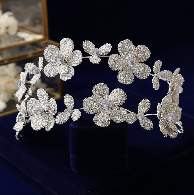 Doppel Layres Blume Braut Haarreif Diadem Begonia in Silber