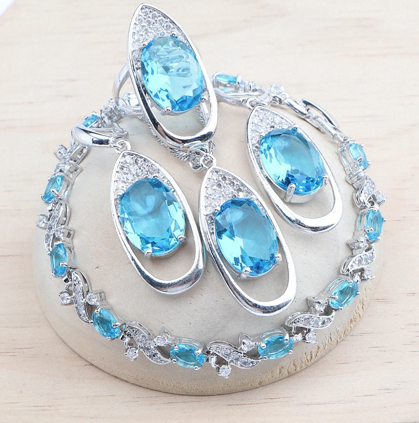 Blau Zikronia Brautschmuck Set Maelle 925 Silber Armband Halskette Ohrringe Ring