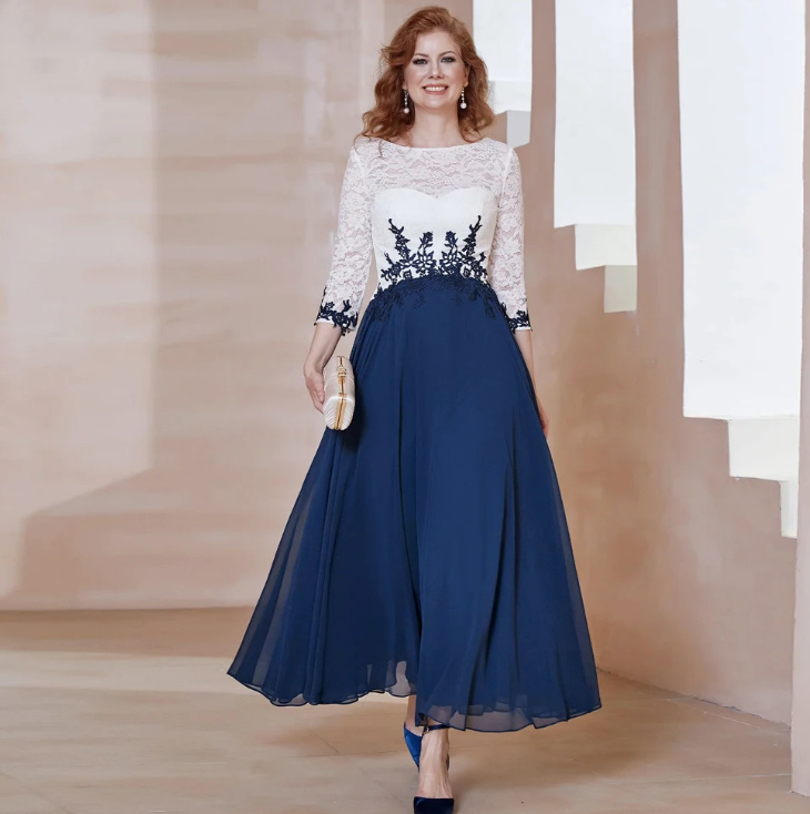 A Linie Langarm Chiffon Kleid Elegant für Hochzeitsgäste Nala mit Spitze in Weiß Blau