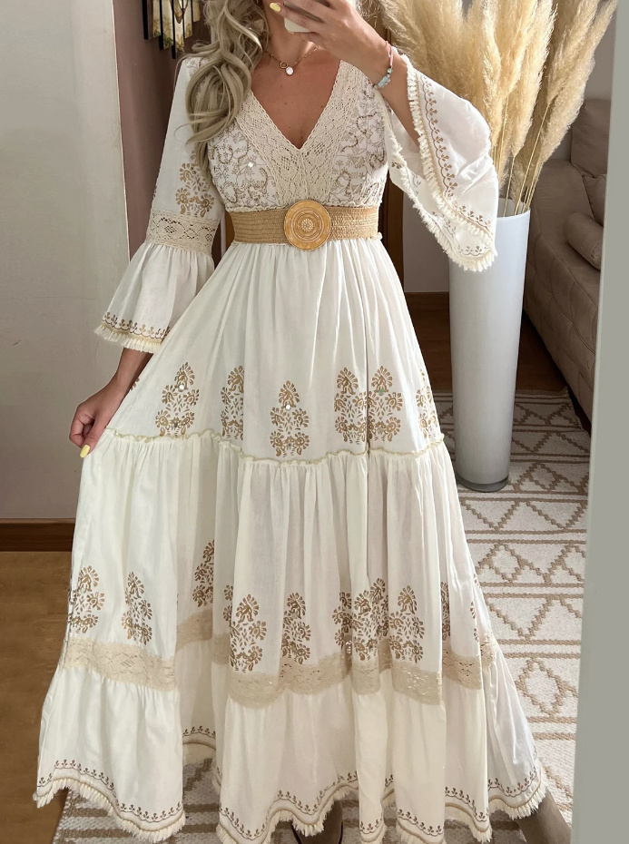 Langarm Boho Standeamtkleid mit V Ausschnitt und Blumen Applikationen