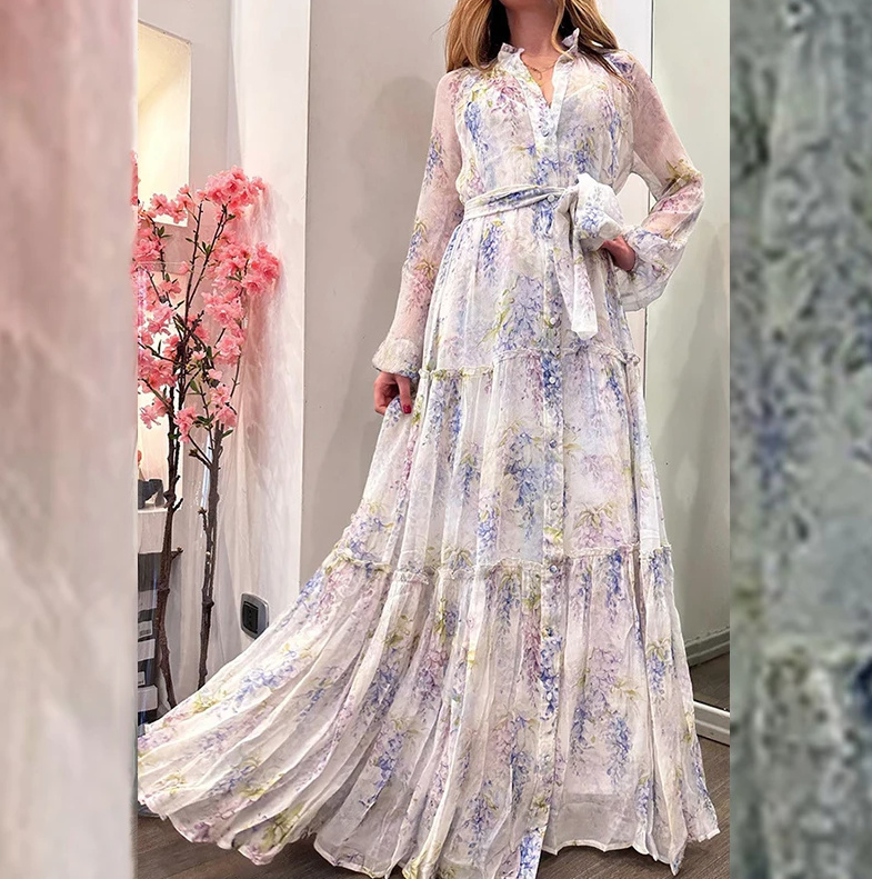 Langarm Chiffon Boho Kleid Elegant für Hochzeitsgäste mit Blumenmuster