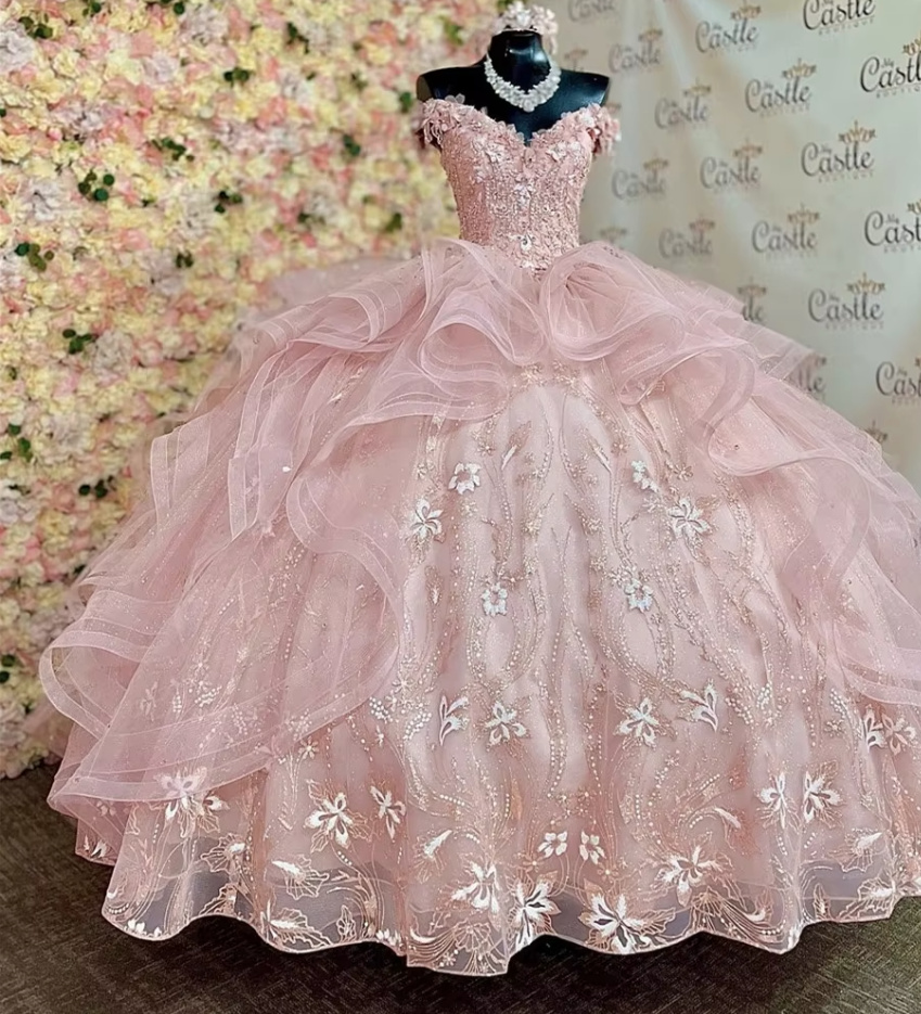 Schulterfreies Ball Linie Brautkleid Carole in Rosa mit Tüll Pailletten und Blumen