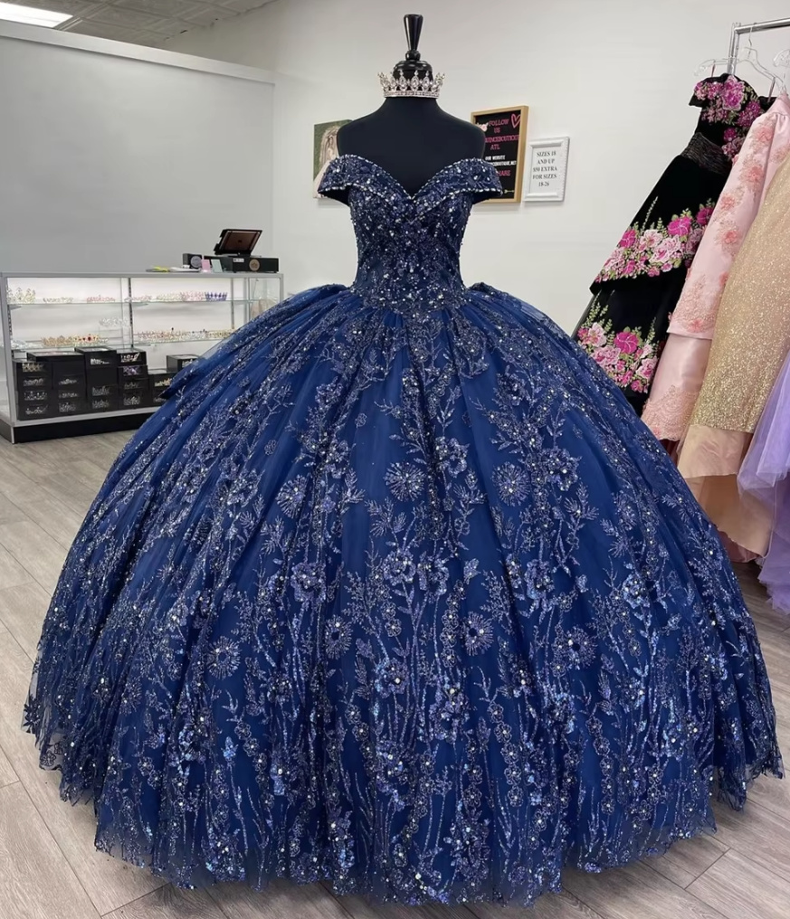 Sparkly Quinceanera Ball Linie Brautkleid Charleen Schulterfrei in Navyblau 