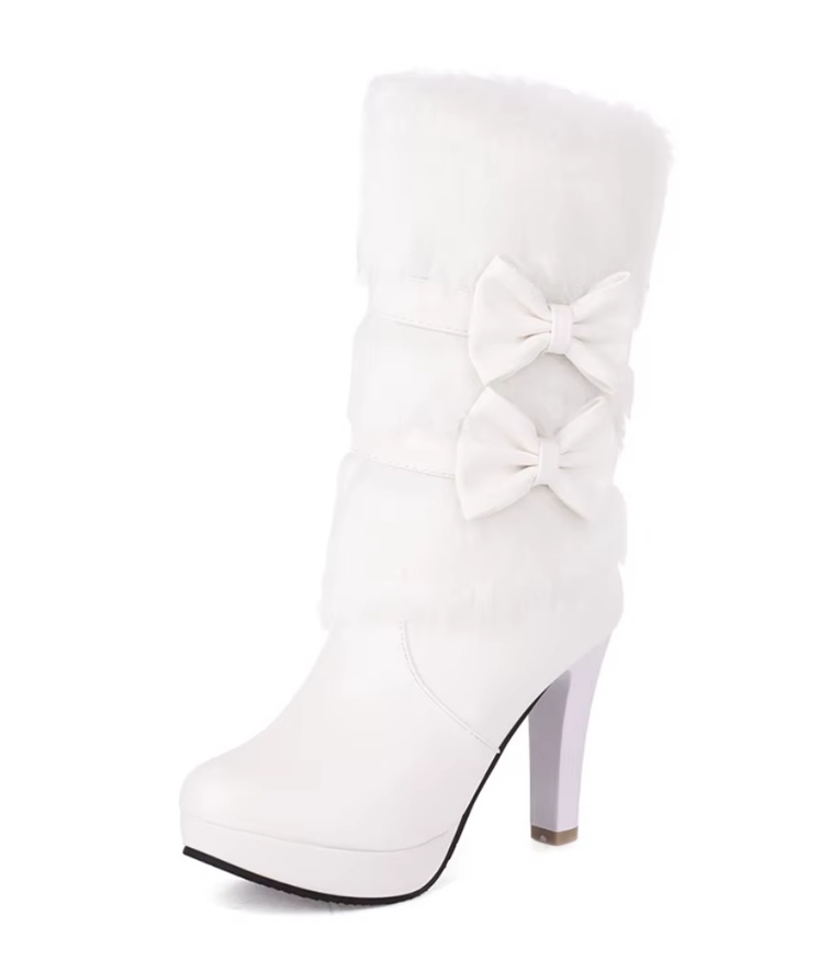 Damen Stiefel Brautschuhe Hochzeitsschuhe Eliana Weiß mit Plüsch und Schleife